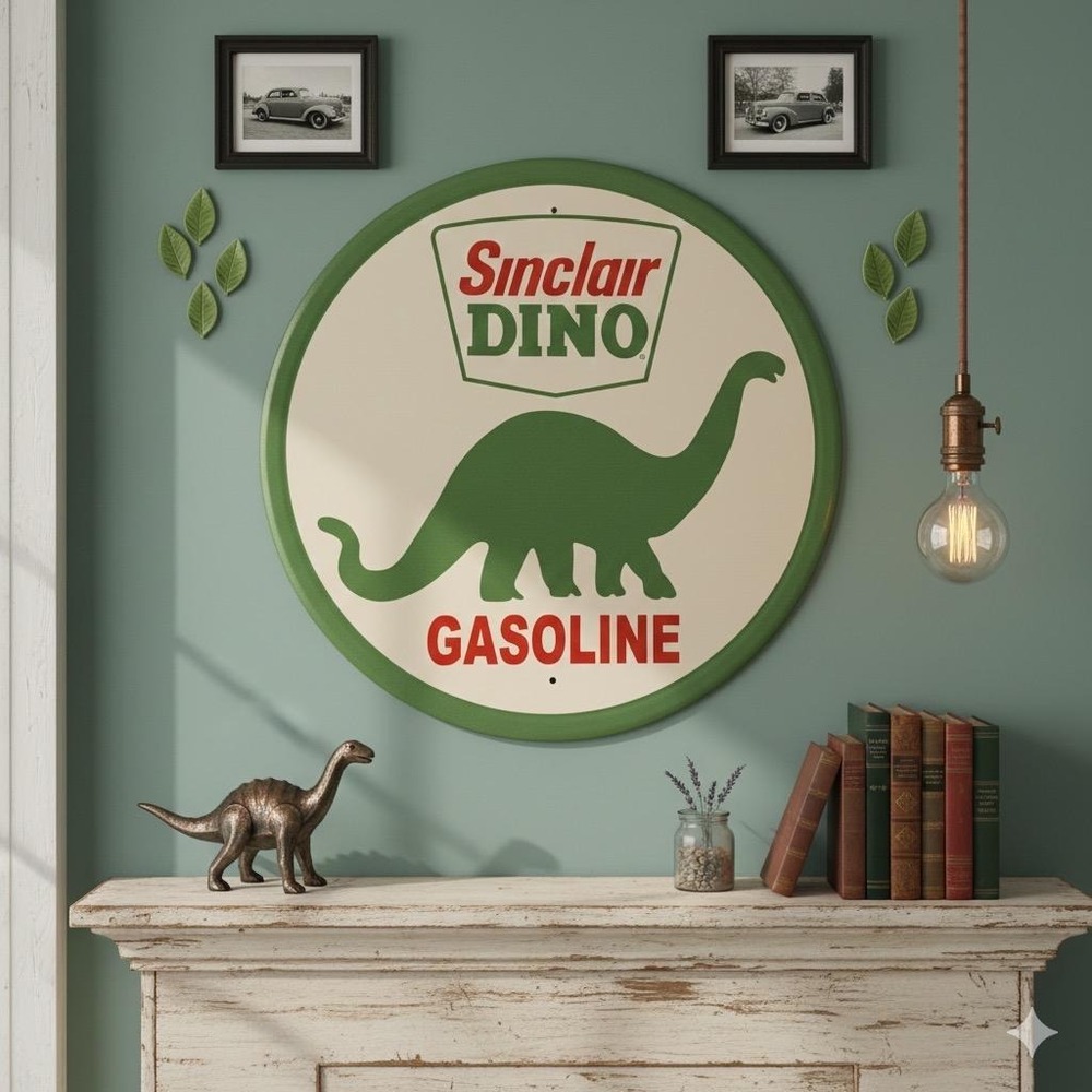 Sinclair Dino Sign Motor Oil Gasoline Round Metal Tin Vintage Style Garage 12''.